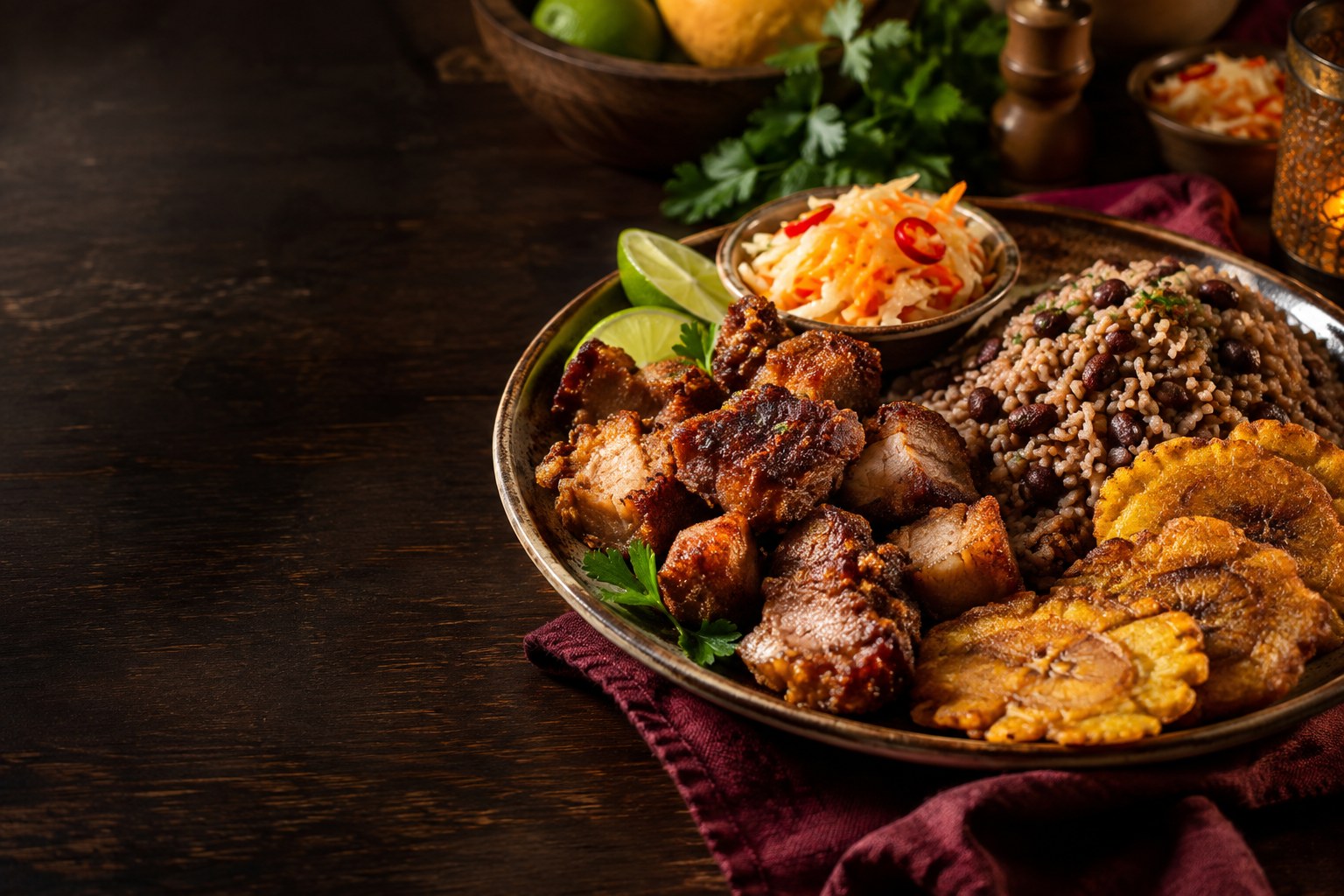 Illustration culinaire : griot, riz aux haricots, bananes pesées et pikliz sur une table chaleureuse